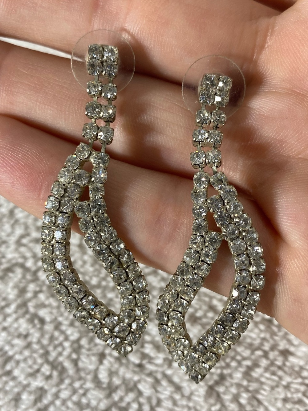 Vintage Rhinestone Open Leaf Dangle Drop Statement Earrings